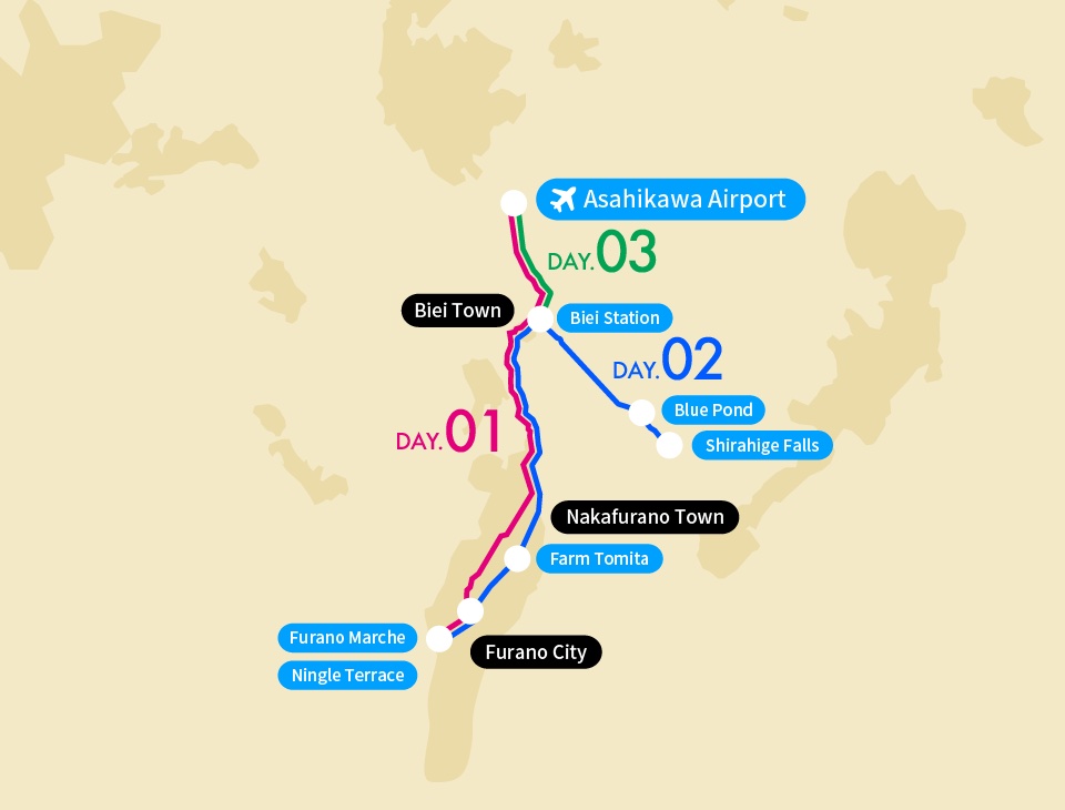 Map of the Biei & Furano Highlights Route