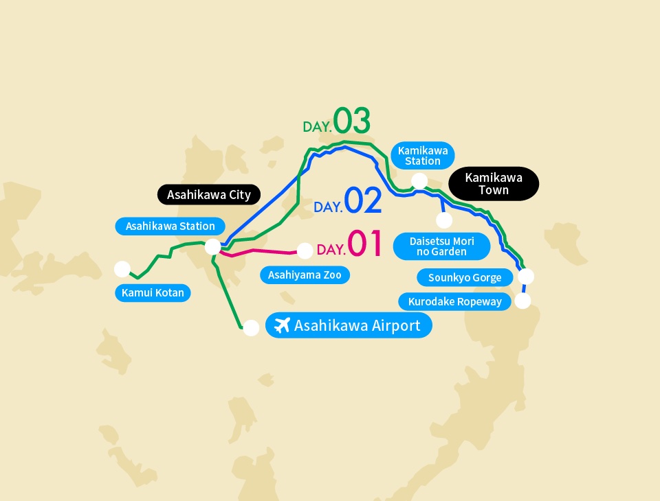 Map of the Kamui Kotan, Asahiyama Zoo & Sounkyo Highlights Route