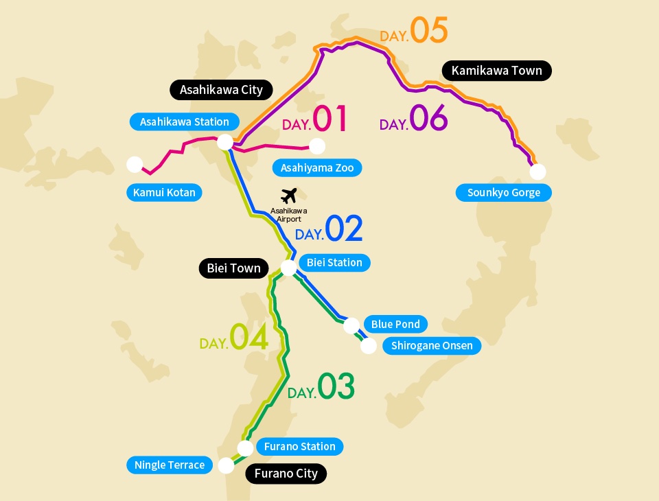 Furano, Asahikawa & Sounkyo Course Map