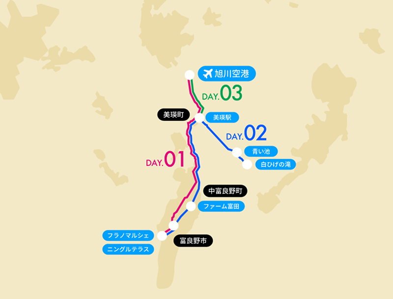 美瑛・富良野を満喫するコースのマップ