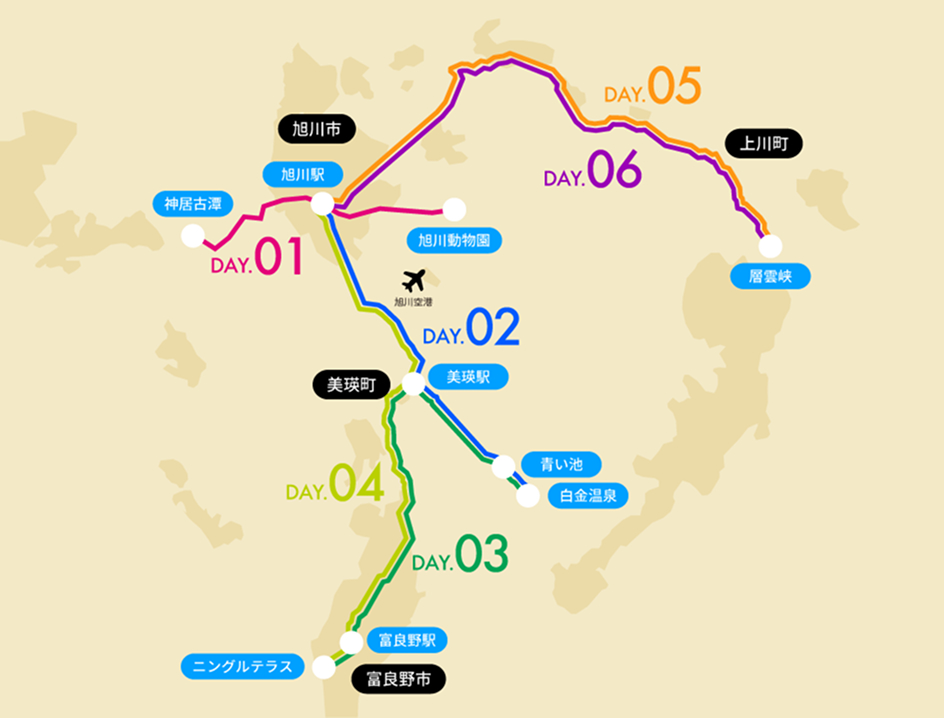 富良野・旭川・層雲峡を満喫するコースのマップ