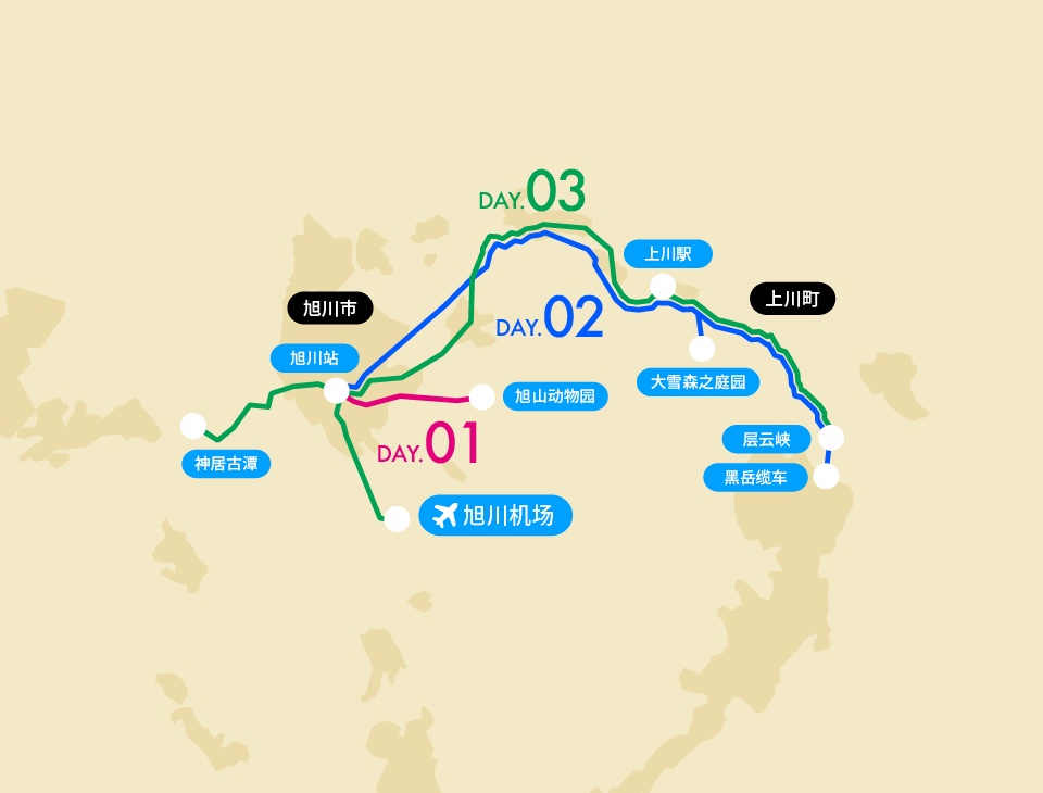 神居古潭・旭山动物园・层云峡路线地图