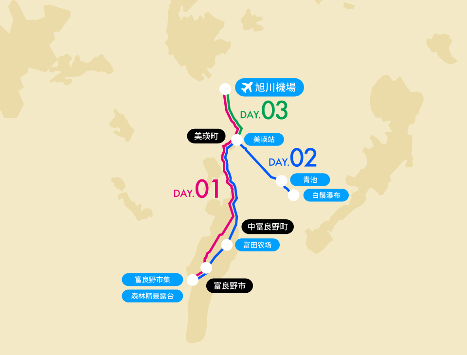 暢遊富良野、旭川與層雲峽路線地圖